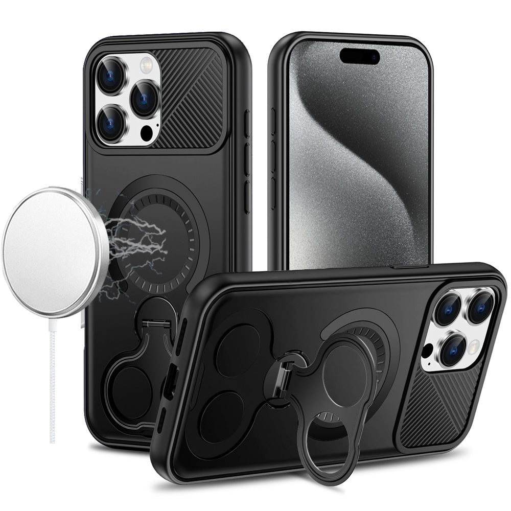 For Apple iPhone 15 Pro Max Hybrid with Invisible 2 Hole Ring Stand Magnetic back Car Mount Friendly Protector Case Cover Black