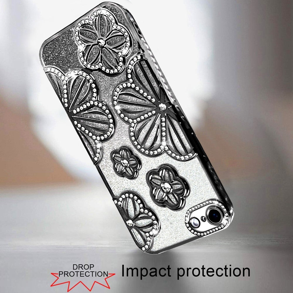 For Apple iPhone 17E /16E Luxury Flower Design Sparkle Glitter Diamond Rhinestone Shimmer Bling Plating Thick TPU Hard PC Case Cover