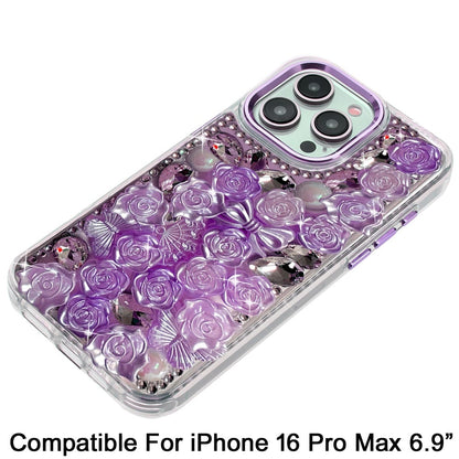 For iPhone 16 Pro Max (6.9") Muti-Color Floral Fashion Bling Crystal 3D Full Diamonds Stones Sparkle Rhinestone Glitter Hybrid Case Cover