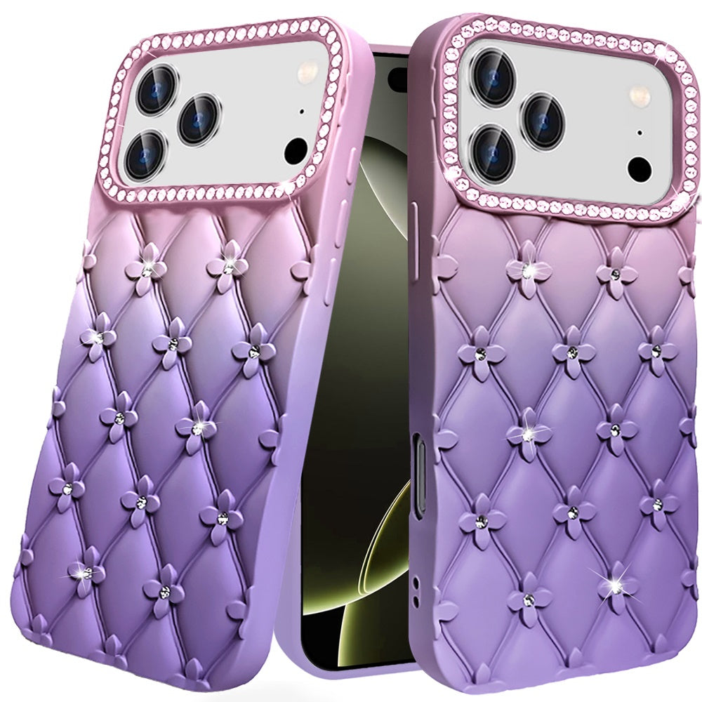 For Apple iPhone 17 Pro (6.3") Fashion Flower Design Sparkle Glitter Shimmer Rhinestone Bling Floral Accents, Leather Texture TPU Case Cover