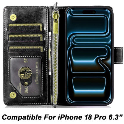 Phone Case for Apple iPhone 18 Pro Luxury Leather Wallet Card Holder Zipper Pocket Money Storage Protective Grip Design with Strap Cover