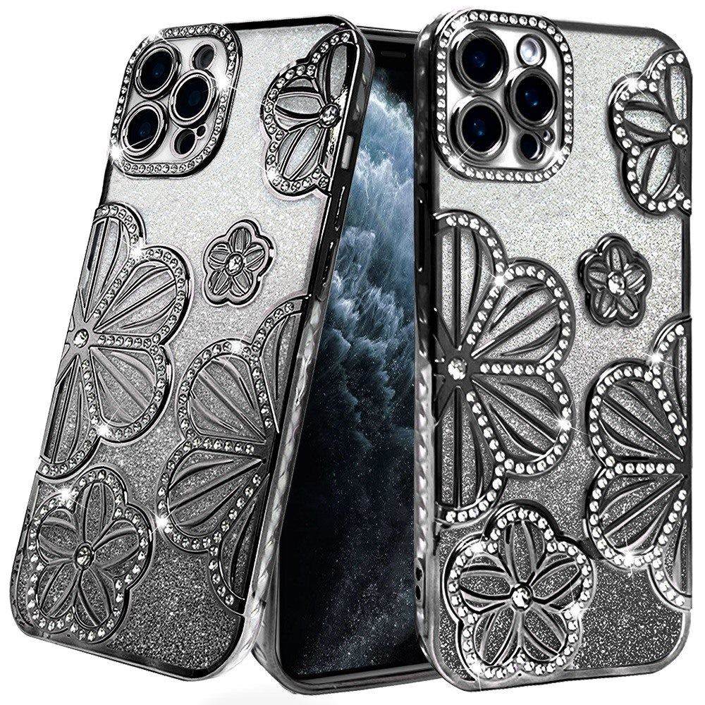 For Apple iPhone 11 Pro Max Luxury Flower Design Sparkle Glitter Diamond Rhinestone Shimmer Bling Plating Thick TPU Hard PC Case Cover