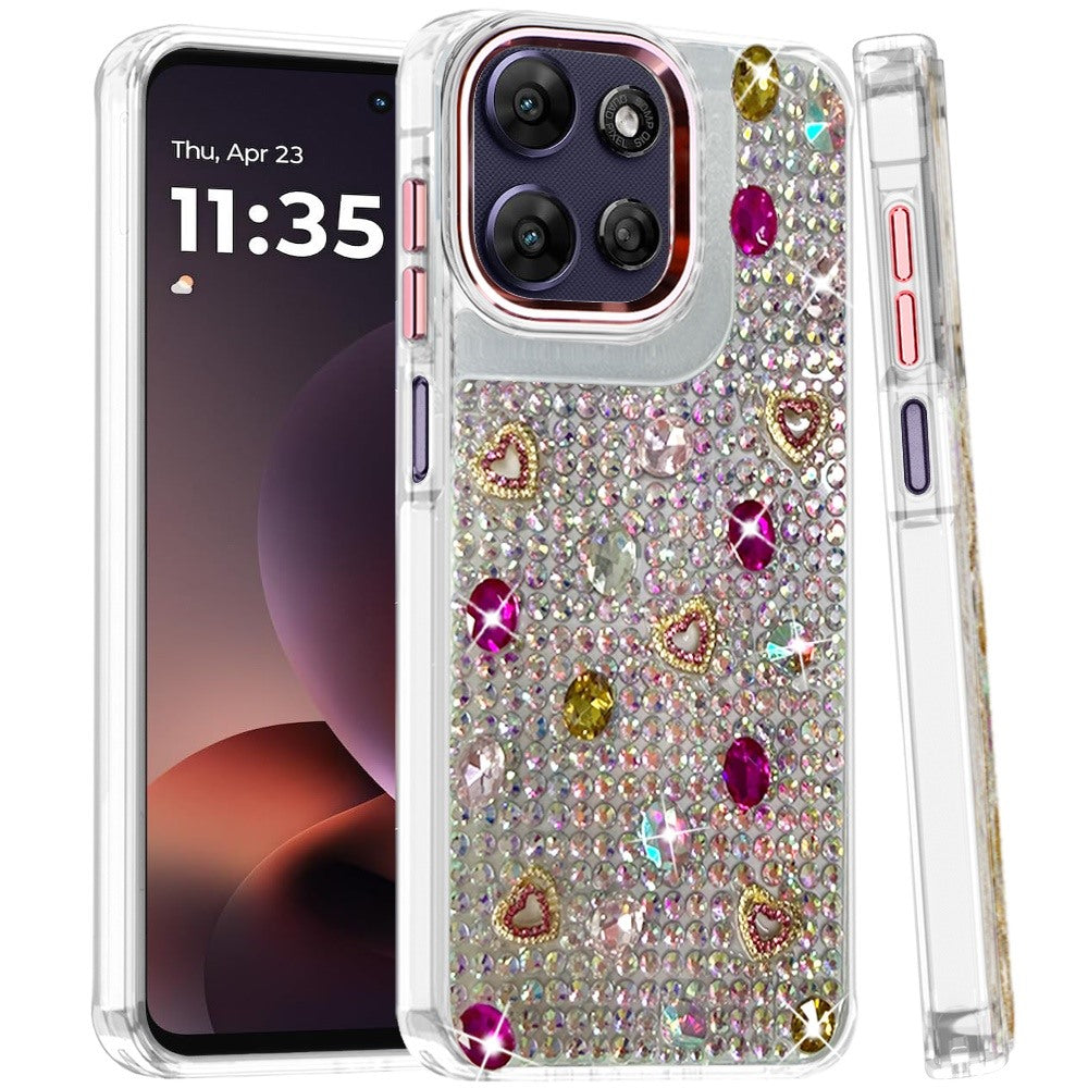 Phone Case for Moto G Power 5G (2026/2025) Chrome Fashion Hybrid Bling Diamond Heart Rhinestone Decorative Stones Sparkling Embellished Design Cover