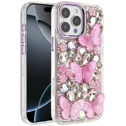 Phone Case for Apple iPhone 16 Pro Max Luxury 3D Floral Butterfly Bling Rhinestone Glitter Shockproof Stylish Protective Hybrid Designer Metallic Cover Purple