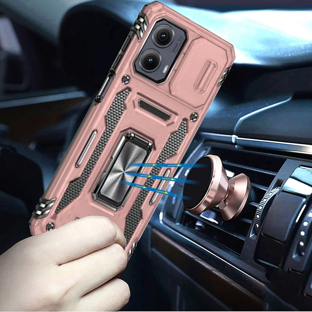 For Motorola Edge 2024 Tough Hybrid Case with Movable Camera Window & Metal Ring Stand Shockproof Case Cover Black