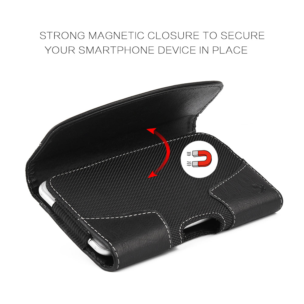 For Apple iPhone 16 Pro (6.3") Horizontal Universal Pouch Case PU Leather Cell Phone Holster with Belt Clip and Card Slot Pocket Cover (Size 6.3") [Black]