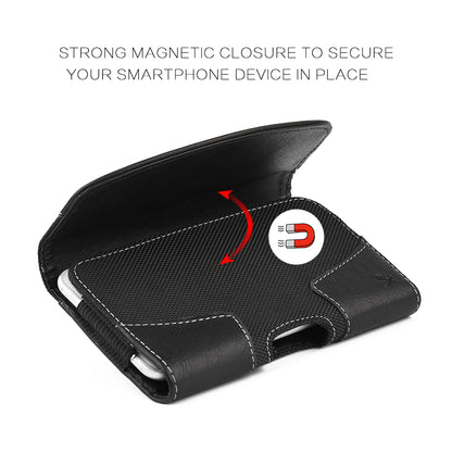 For Apple iPhone 16 Pro (6.3") Horizontal Universal Pouch Case PU Leather Cell Phone Holster with Belt Clip and Card Slot Pocket Cover (Size 6.3") [Black]