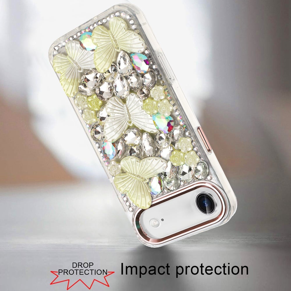 For Apple iPhone 17 Air (6.6") 3D Diamond Floral Butterfly Bling Stone Hybrid, Sparkly Rhinestone Gemstone Back Shockproof Case Cover