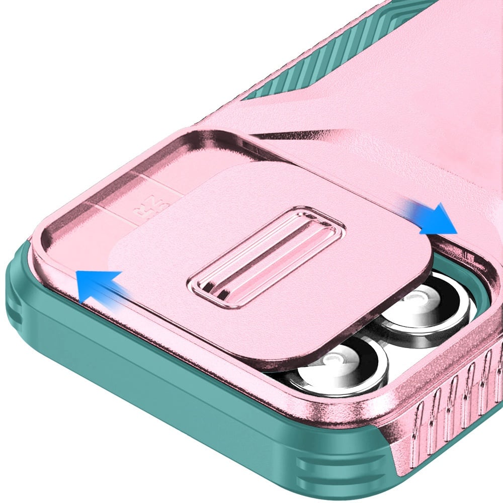 For Apple iPhone 16 Plus Slim Fit Shockproof Hybrid with Slide Camera Window Covering, Rugged Tpu Silicone Hard PC Bumper Case Cover Pink-Teal