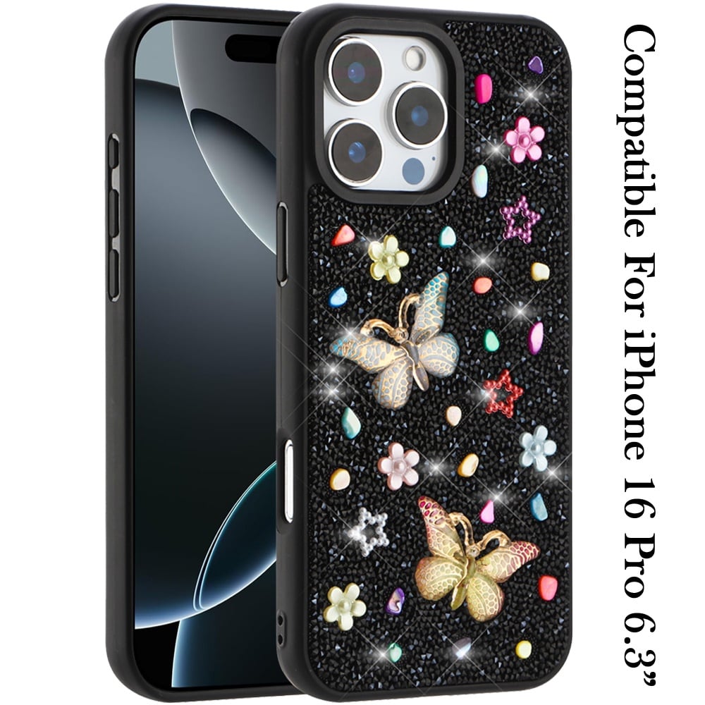 Phone Case for Apple iPhone 16 Pro 3D Butterfly Diamond Bling Glitter Shockproof Stylish Protective Luxury Hybrid Sparkly Durable Grip Design Cover