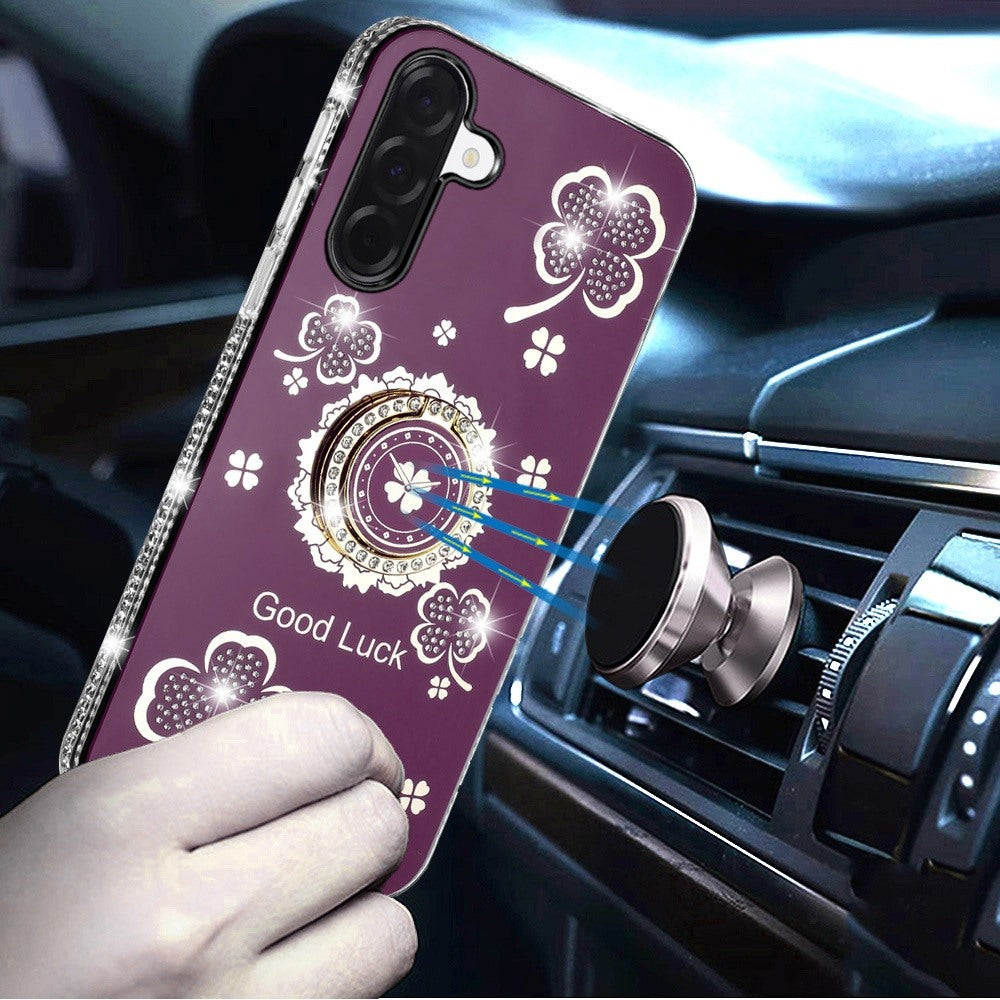 Phone Case for Samsung Galaxy A27 Glitter Diamond Ring Stand Sparkle Rhinestone Edge AntiSlip Kickstand Luxury Fashion Bumper Shockproof Cover Purple