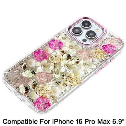 Phone Case for Apple iPhone 16 Pro Max Luxury Rose Bling Rhinestone Glitter Floral Hybrid Shockproof Stylish Protective Designer Ornament Sparkle Cover