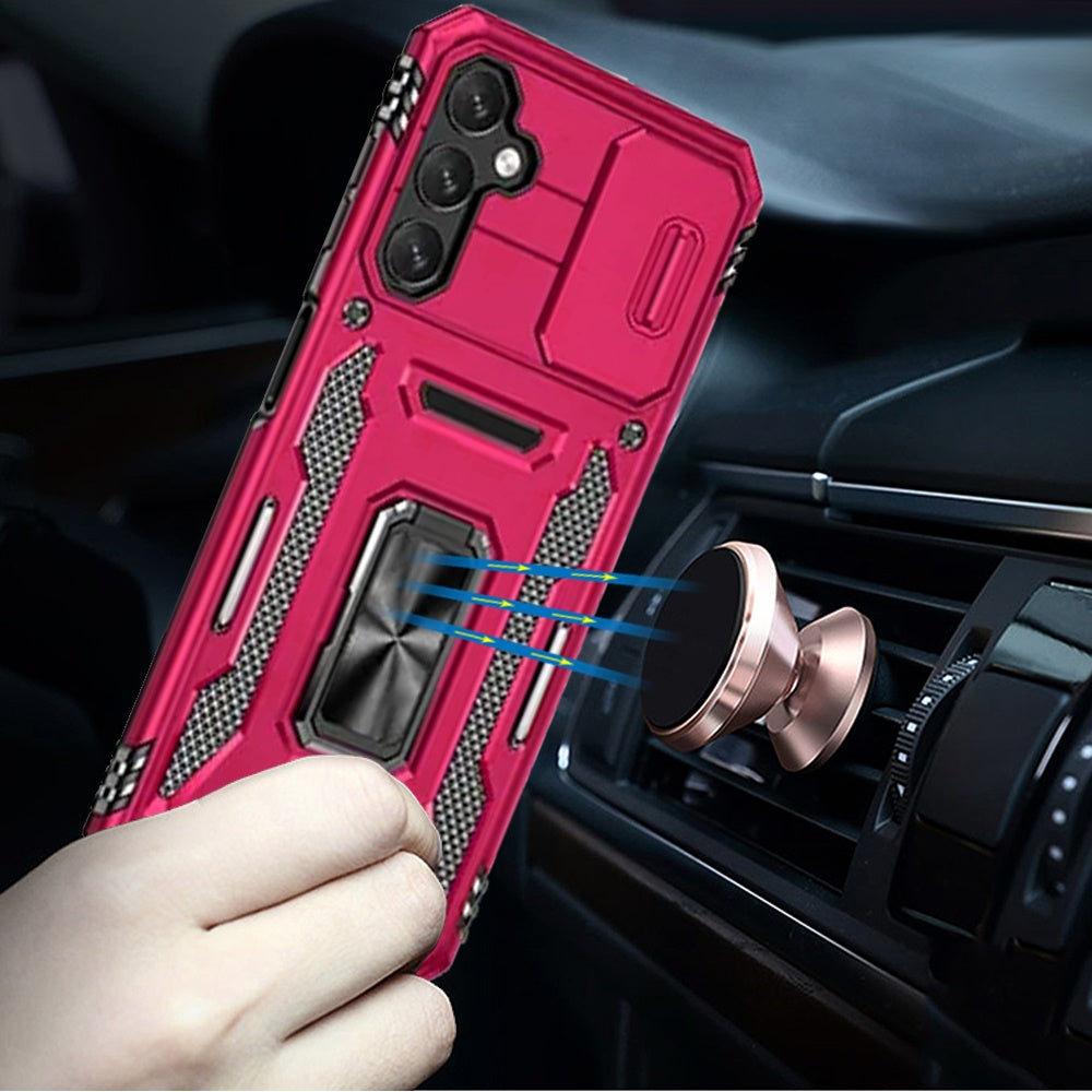 For Samsung Galaxy A17 5G Tough Hybrid Case with Movable Camera Window & Metal Ring Stand Shockproof Case Cover Cosmic Orange
