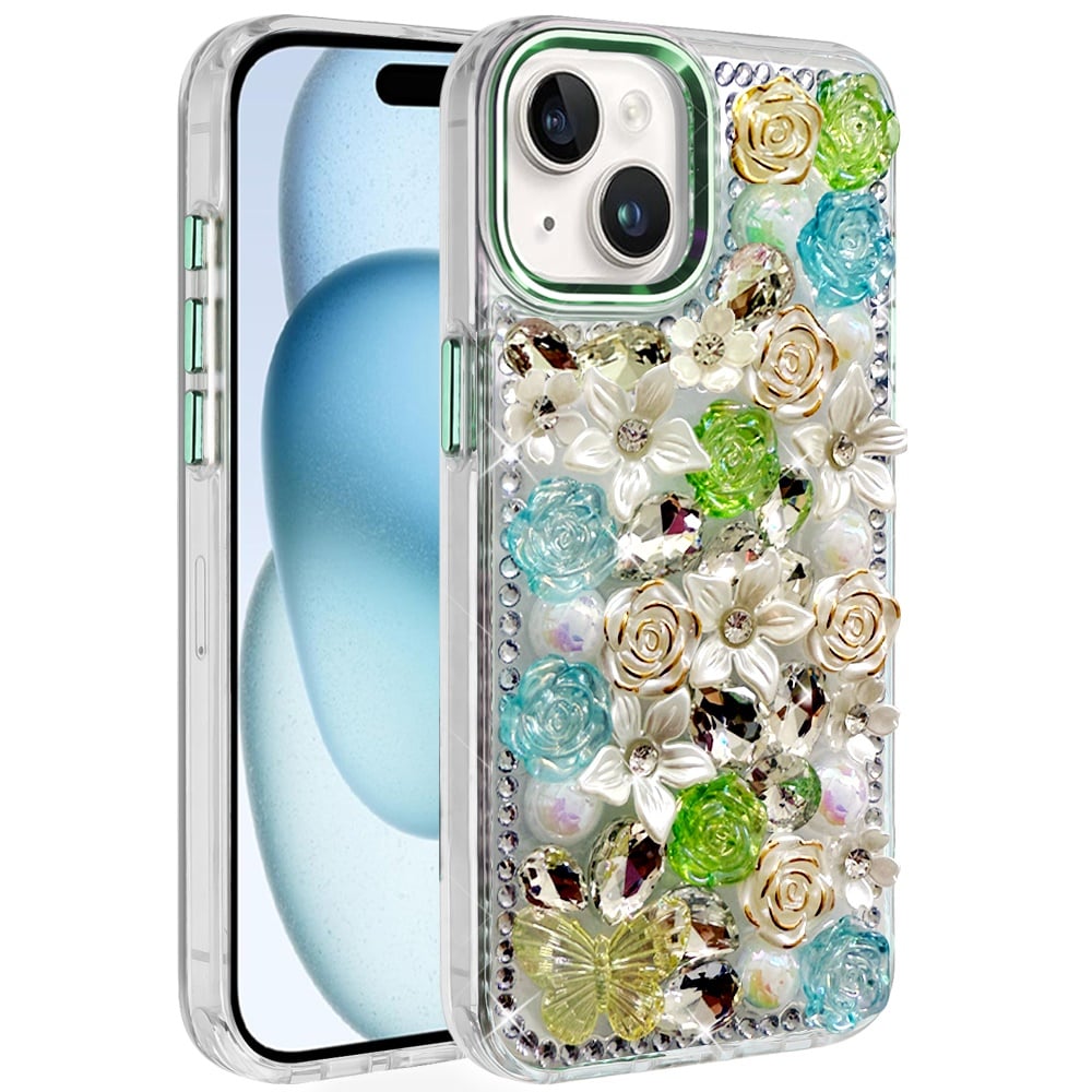 Phone Case for Apple iPhone 15 Luxury Rose Bling Rhinestone Glitter Floral Hybrid Shockproof Stylish Protective Designer Ornament Sparkle Cover Green
