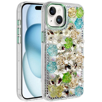 Phone Case for Apple iPhone 15 Luxury Rose Bling Rhinestone Glitter Floral Hybrid Shockproof Stylish Protective Designer Ornament Sparkle Cover Green