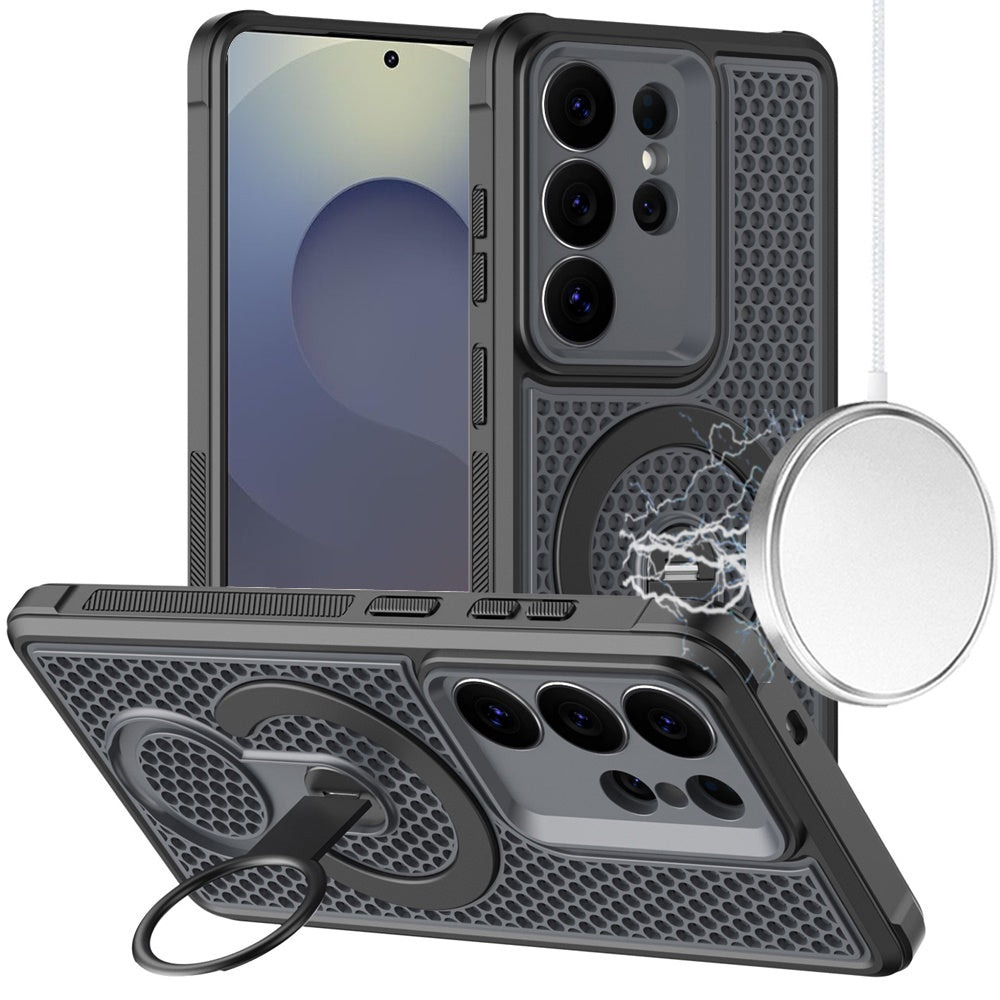 Phone Case for Galaxy S25 Ultra Magnetic Honeycomb Hybrid Rugged Armor Ring Kickstand Dual Layer Shock Absorbing Hard PC Soft TPU Cover