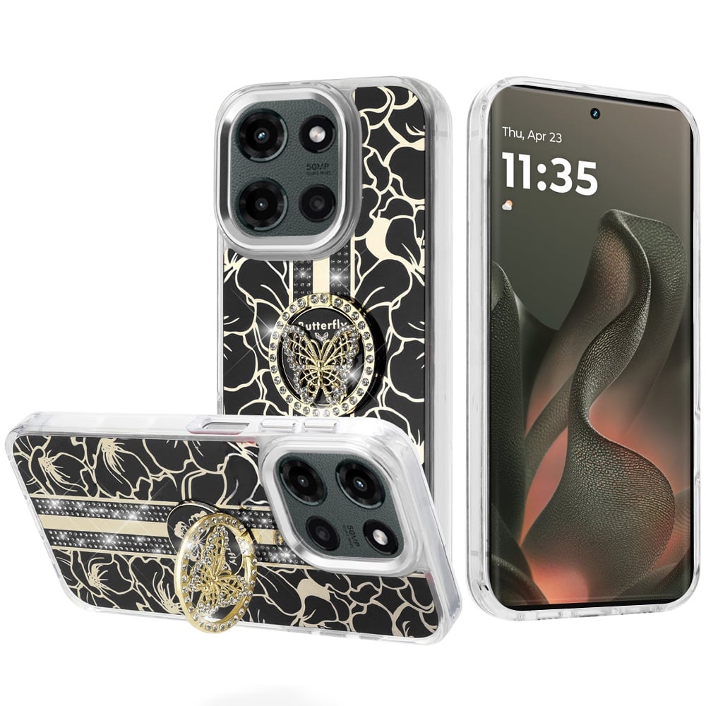 For Motorola Edge 2025 Diamonds 3D Butterfly Floral Design Bling Sparkly Glitter Hybrid Metal Fashion with Ring Stand Case Cover