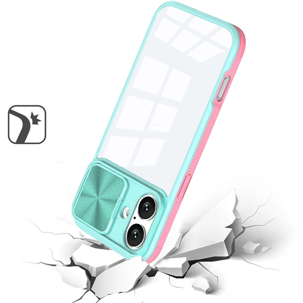 For iPhone 16 (6.1") Hybrid Cases with Sliding Camera Cover Transparent Shockproof Bumper TPU Protective Case Cover Pink/Blue