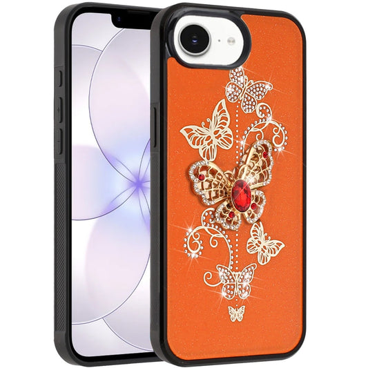 Phone Case for Apple iPhone 17E /16E Diamond Glitter 3D Butterfly Engraved Luxury Bling Hybrid Shockproof Chrome Edge Protective Durable Grip Cover Garden Butterflies Cosmic Orange