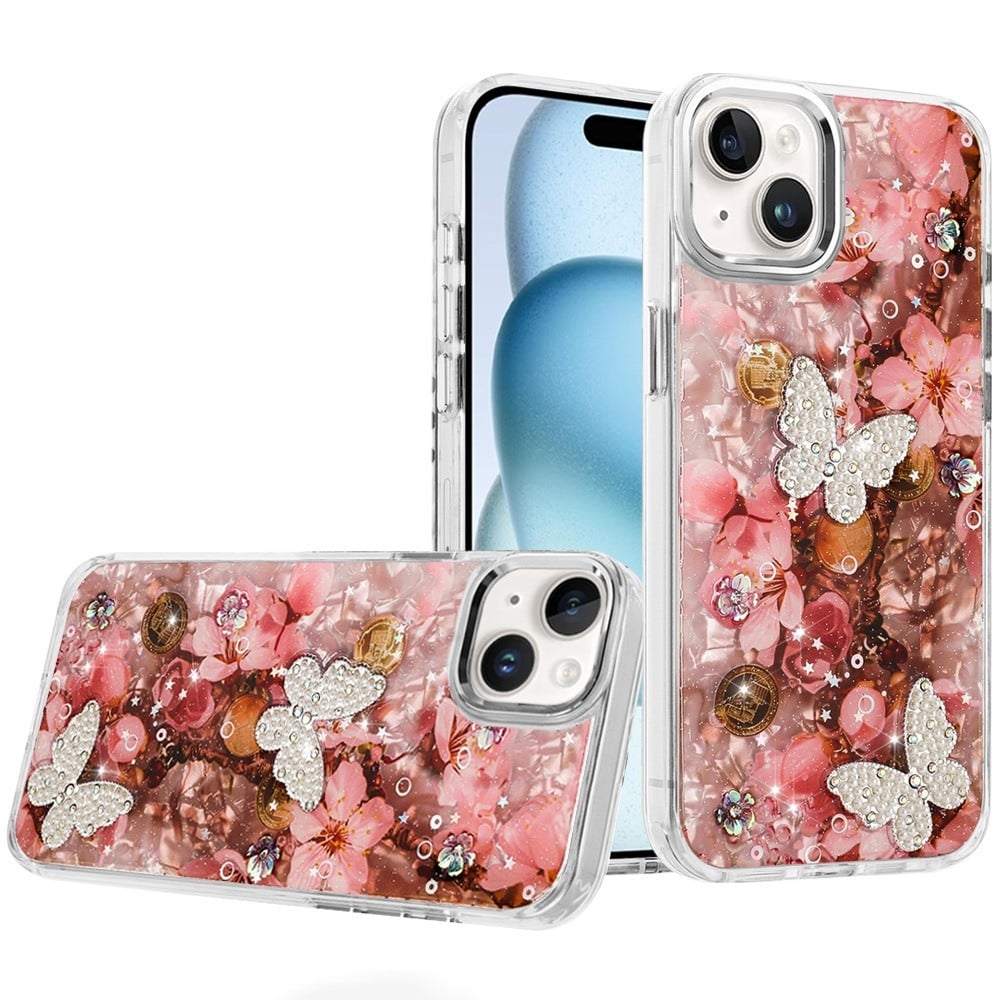 Phone Case for Apple iPhone 15 Glitter Butterfly Design Metal Buttons Shockproof Hybrid TPU + PC Durable Protective Slim Grip Stylish Cover Rose Gold