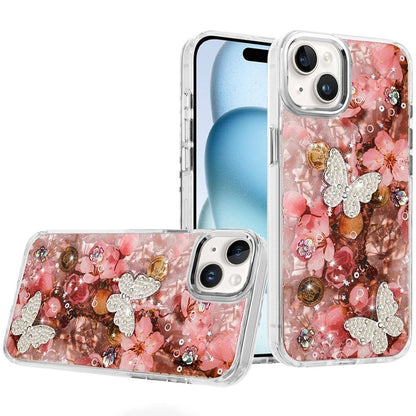 Phone Case for Apple iPhone 15 Glitter Butterfly Design Metal Buttons Shockproof Hybrid TPU + PC Durable Protective Slim Grip Stylish Cover Rose Gold