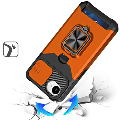 For Apple iPhone 17E /16E Wallet Case with Ring Stand & Slide Camera Cover Back Credit Card Slot Holder, Military Grade Case Cover Cosmic Orange