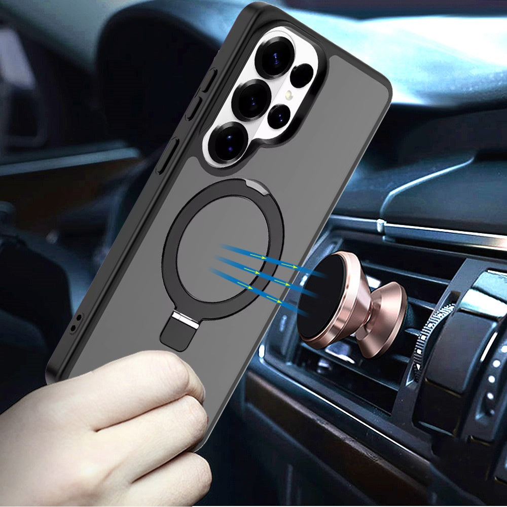 Phone Case for Galaxy S24 Ultra Magnetic Ring Stand Full Rotation Matte Shockproof Grip Anti Slip Durable Camera Protection Hybrid Cover Black