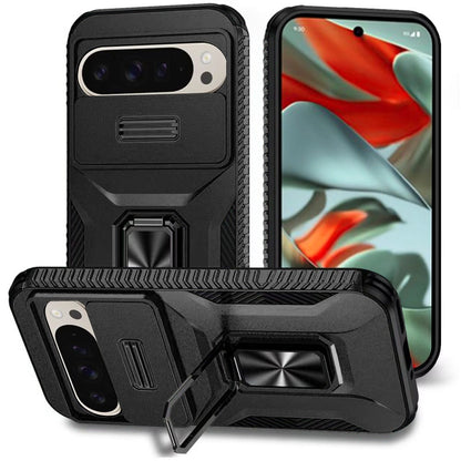 Phone Case for Google Pixel 9 Pro XL Magnetic Ring Stand Camera Protection Shockproof Heavy Duty Kickstand Rugged Grip Anti Scratch Hybrid Cover Black