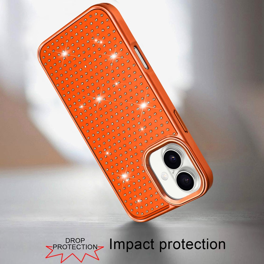 For Apple iPhone 17 (6.3") Bling Diamond Metallic, Full Sparkle Chrome Edged Hybrid Protective Shockproof Case Cover Cosmic Orange