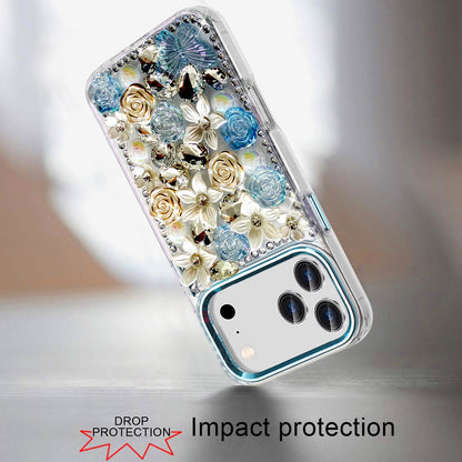 For Apple iPhone 17 Pro Max (6.9") 3D Diamond Floral Roses Flower Bling Stone Hybrid, Sparkly Rhinestone Gemstone Back Shockproof Case Cover