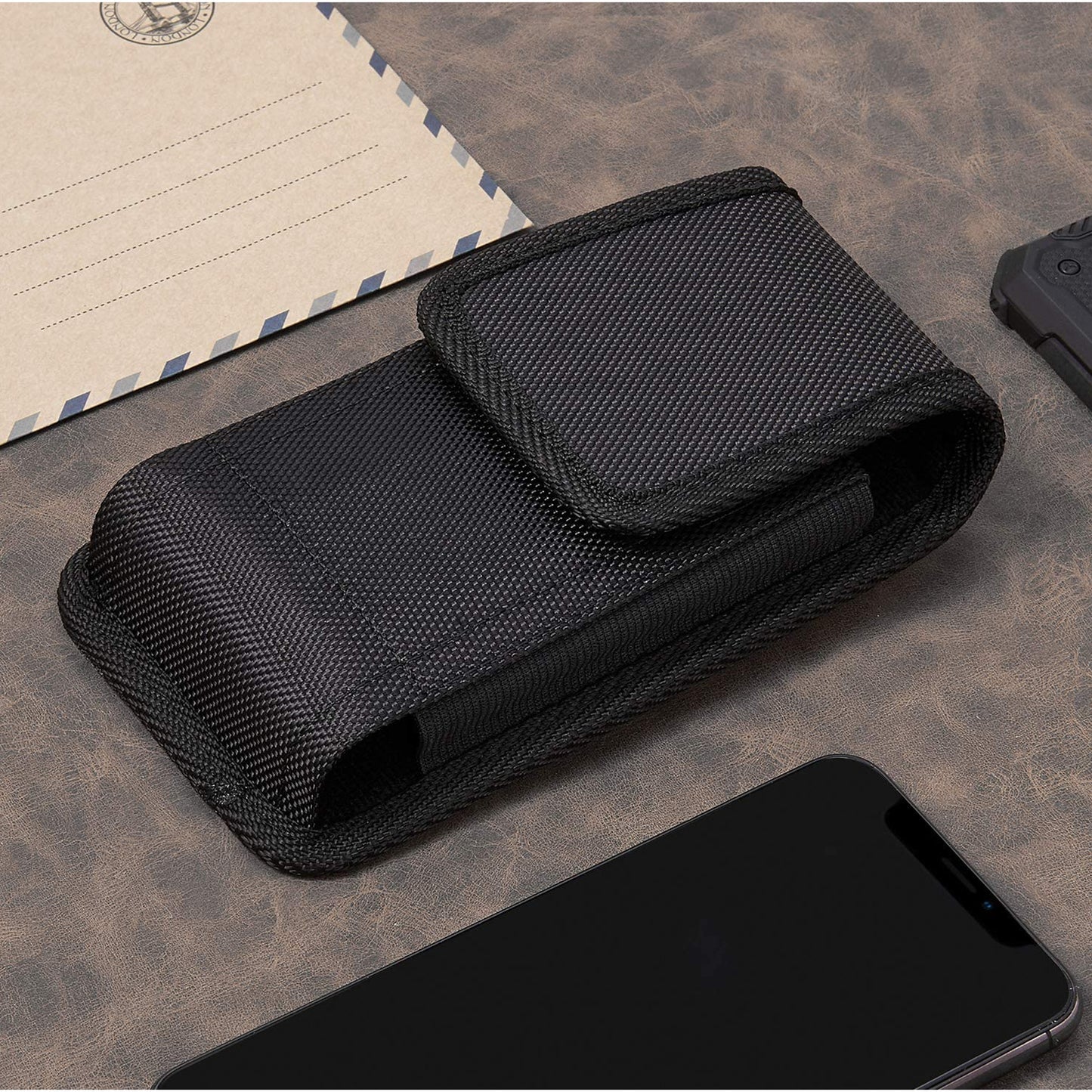 For Apple iPhone 16 (6.1") Nylon Canvas Fabric Waist Belt Holster Vertical Pouch Holds Large Phone Works with Thick Cases Universal Cover [Black]