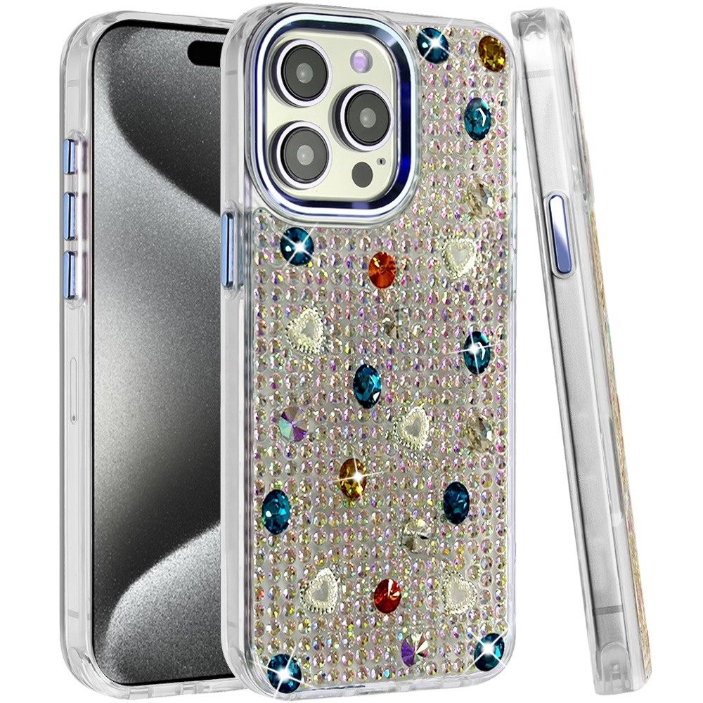 Phone Case for Apple iPhone 15 Pro Chrome Fashion Hybrid Bling Diamond Heart Rhinestone Decorative Stones Sparkling Embellished Design Cover