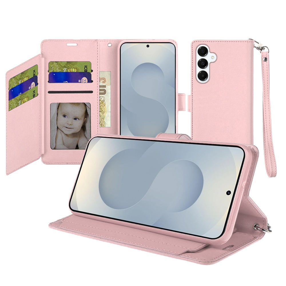 For Samsung Galaxy S26+ / S26 Plus Wallet Cases PU Leather with Credit Card /ID /Cash Holder Slot Dual Flip Book Pouch, Stand and Strap Case Cover Rose Gold