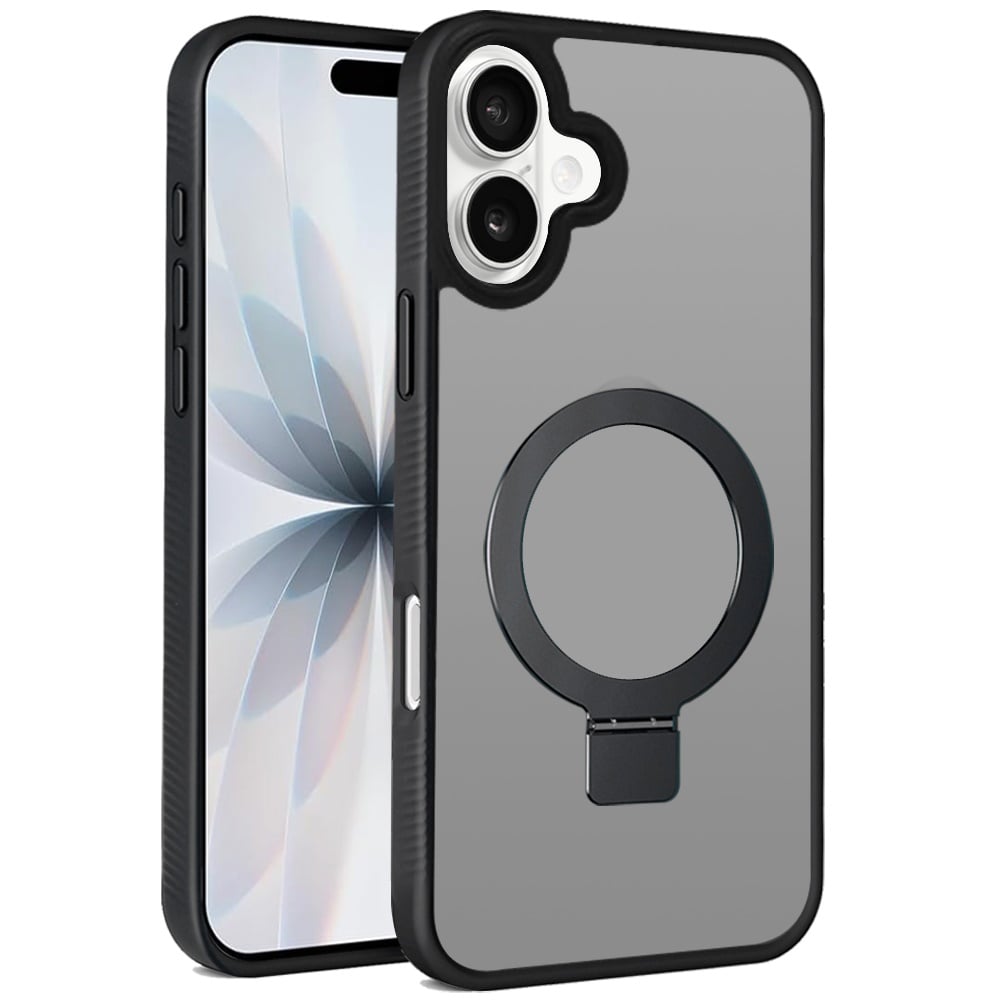 For Apple iPhone 17 (6.3") Magnetic Circle Kickstand with MagSafe Compatibility, Matte Skin, Rugged Bumper, and Ring Holder Case Cover Black