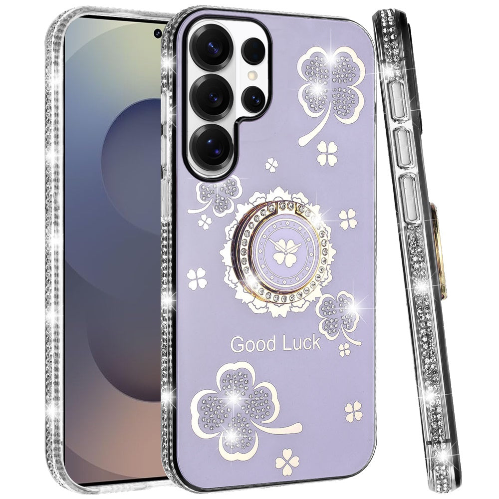 For Samsung Galaxy S26 Ultra Diamonds Bling All Around Edges Sparkly Glitter Hybrid with Ring Stand Holder Fashion Good Luck Case Cover