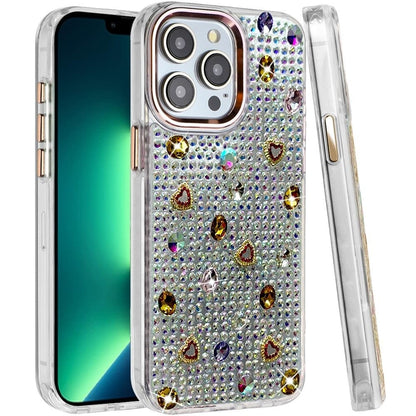 Phone Case for Apple iPhone 13 Pro Max Chrome Fashion Hybrid Bling Diamond Heart Rhinestone Decorative Stones Sparkling Embellished Design Cover
