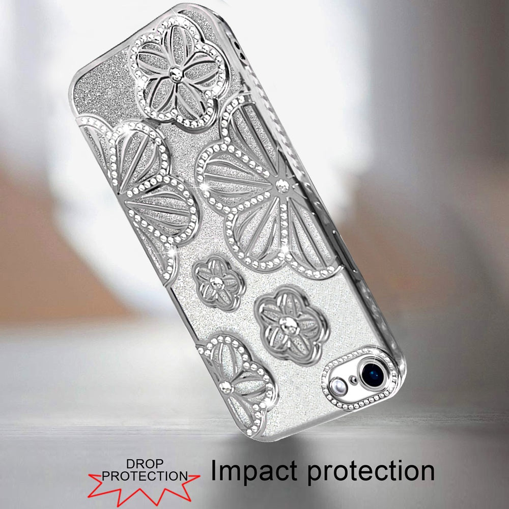 Luxury Flower Design Sparkle Glitter Diamond Rhinestone Shimmer Bling Plating Thick TPU Hard PC