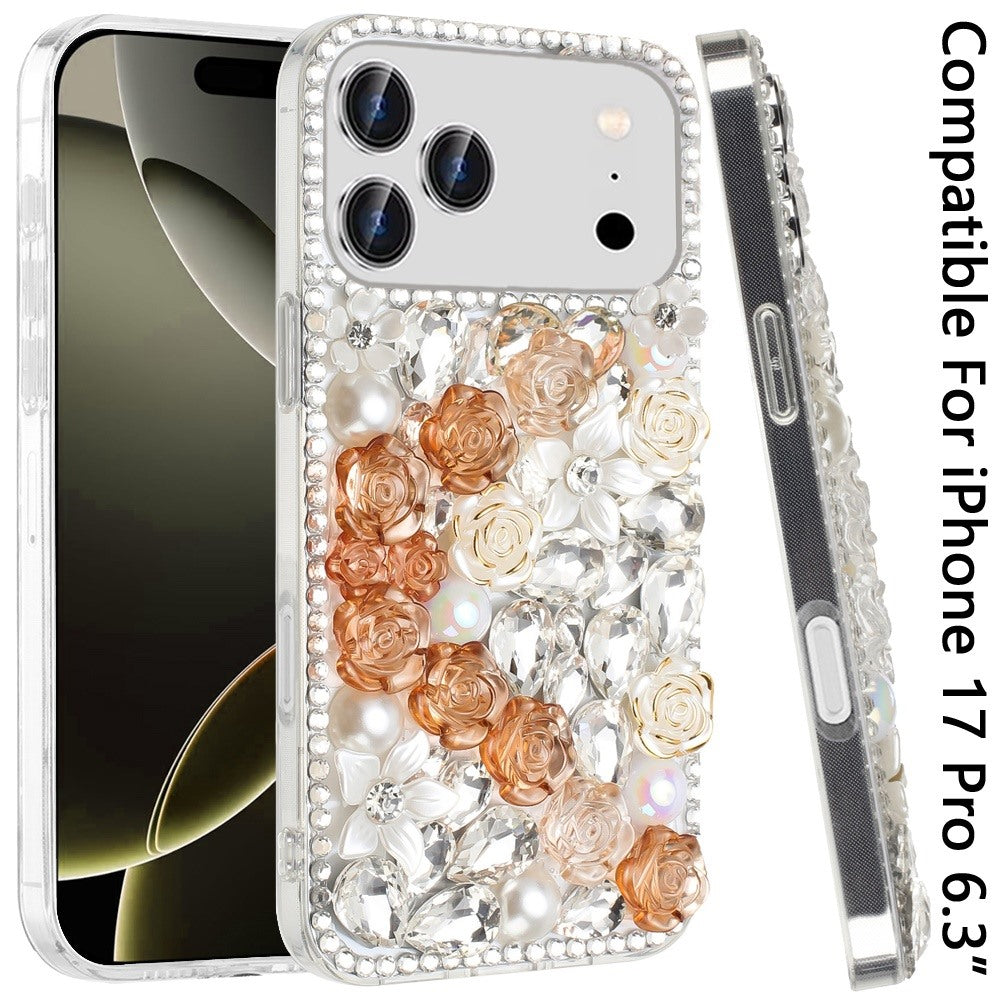 Phone Case for Apple iPhone 17 Pro Rose Flower Full Diamond Bling Rhinestone Glitter Luxury Stylish Sparkle Protective Designer Hybrid Cover