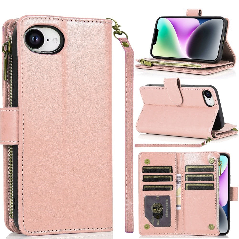 For Apple iPhone 17E /16E Leather Wallet Case with Zipper, 9 Card Slots, Cash Pocket, Stand & Strap, Clutch Pouch Design Case Cover Rose Gold
