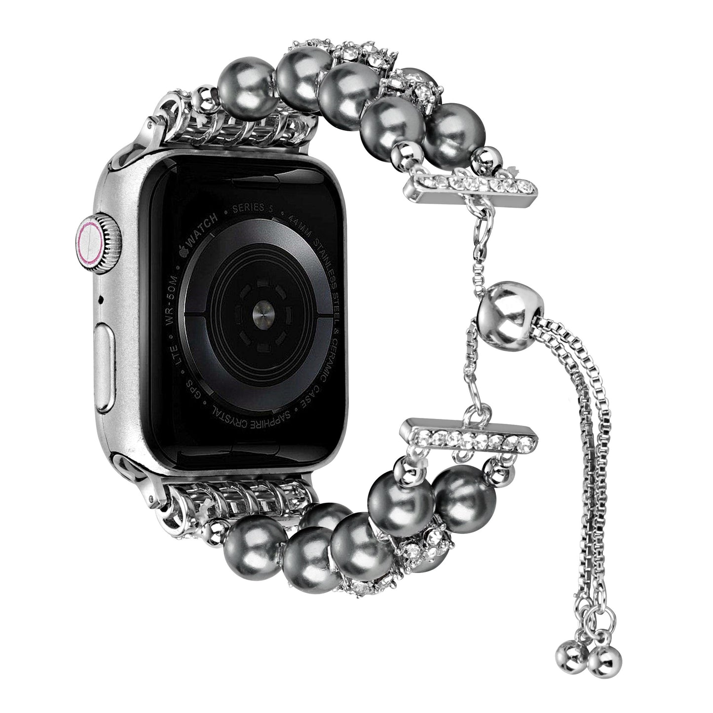 Watch Band for Apple Watch 42/44/45/46mm & Ultra 49mm, Series 4-10 & SE Pearls Fashion Bling Strand Metal Adjustable replacment Bracelet Style with Secure Attachment