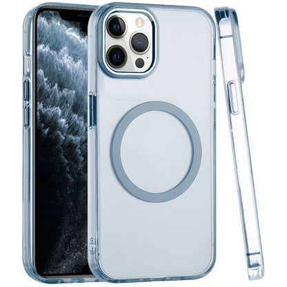For Apple iPhone 11 Pro Max Transparent Back Hybrid Case - Magnetic Circle, Color Frame, Metal Buttons, MagSafe Compatible Case Cover