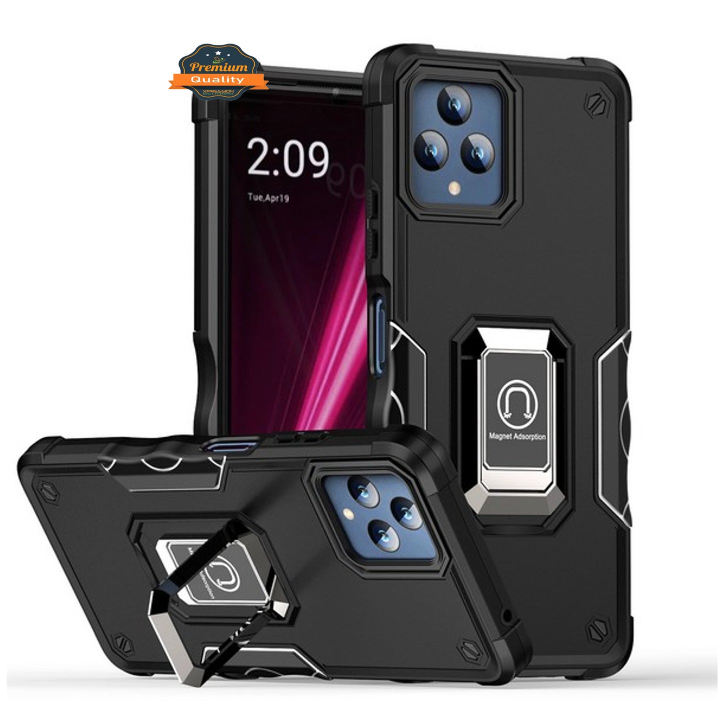 For Gabb Phone 4 Pro Heavy Duty Hybrid 2in1 Hard PC & TPU Rugged Bumper Shockproof with Magnetic Ring Kickstand Case Cover Black