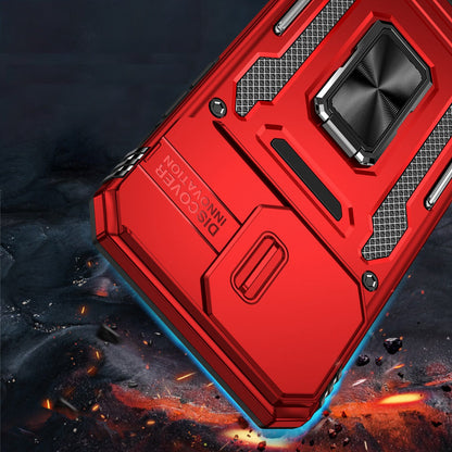 Phone Case for iPhone 15 Tough Metal Ring Shockproof Sliding Camera Window Hybrid Armor Rugged Anti Slip Heavy Duty Grip Cover Red