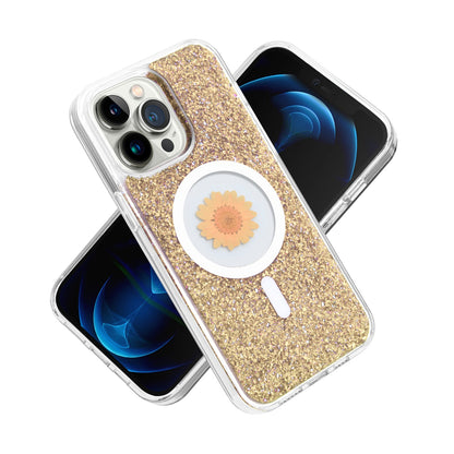 For Apple iPhone 16e MagSafe Compatible Glitter Flower Epoxy Hybrid Slim TPU Case, Magnetic Circle Design, Sparkly Bling Protective Case Cover