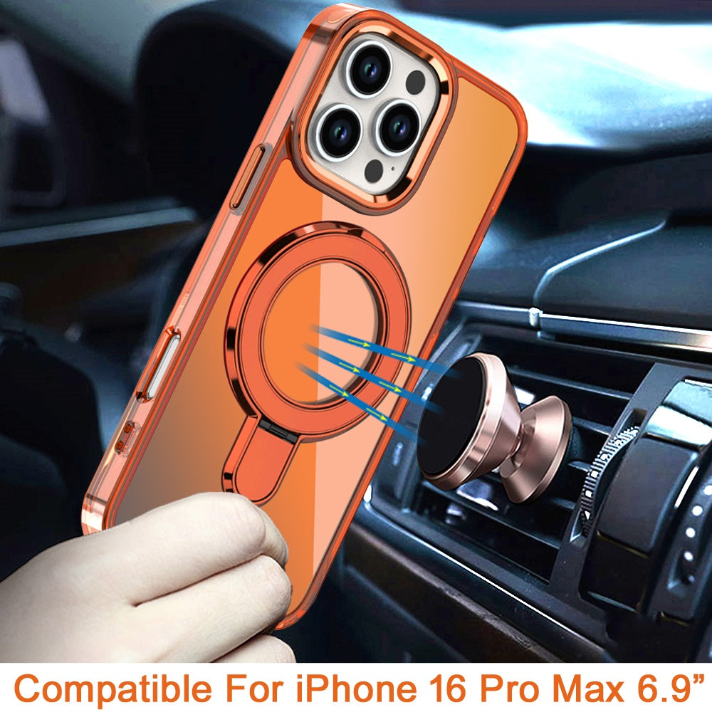 For iPhone 16 Pro Max (6.9") Chrome Hybrid with Rotating Magnetic Circle Ring Stand, Slim Shockproof Hybrid Protector Cosmic Orange