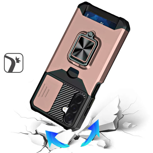 For Samsung Galaxy S25 Fan Edition /Galaxy S25 FE Wallet Case with Ring Stand & Slide Camera Cover Back Credit Card Slot Holder, Military Grade Case Cover Rose Gold