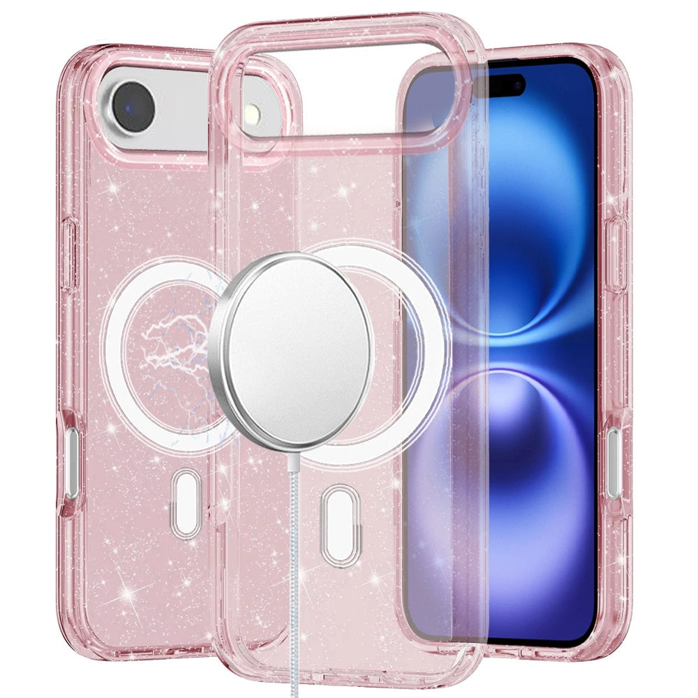 For Apple iPhone 17 AIR MagSafe Compatible Glitter Sparkle Bling Hybrid Case with Magnetic Circle, Slim TPU & Hard PC Frame Case Cover Pink