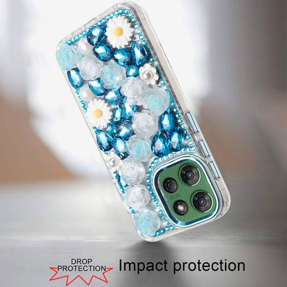 For Motorola Moto G Power 5G 2026 /2025 Fashion Daisy Floral Series, Full 3D Bling Crystal Diamonds Sparkling Rhinestone Glitter Hybrid Design Case Cover Blue