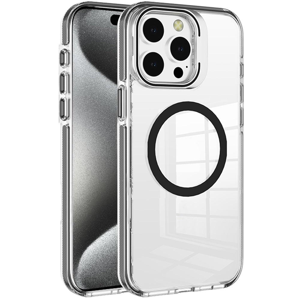 For Apple iPhone 14 Pro Max Built-in Camera Kick-Stand, Compatible with MagSafe, Transparent Colorful Edged Tough Hybrid TPU Case Cover Clear Black
