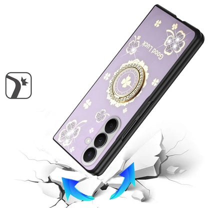 For Samsung Galaxy Z Fold 7 Diamonds 3D Fashion Floral Bling Sparkly Glitter Ornaments Engraving Hybrid with Ring Stand Case Cover